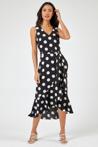 Roman Black Spot Print Frill Hem Wrap Midi Dress