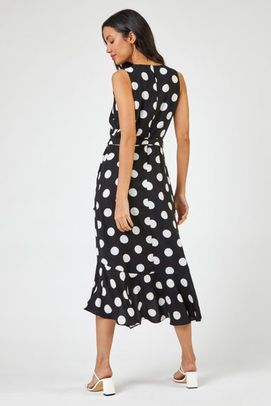 Roman Black Spot Print Frill Hem Wrap Midi Dress