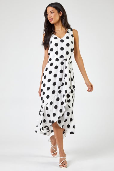 Roman Ivory Spot Frill Hem Asymmetric Midi Wrap Dress