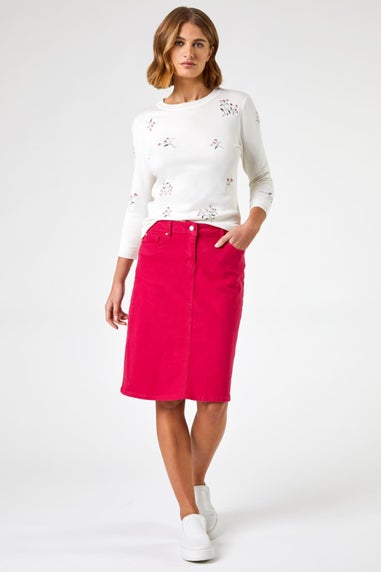 Roman Pink Cotton Denim Stretch A line Skirt