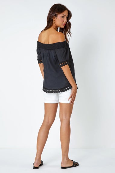 Roman Black Lace Detail Shirred Bardot Top