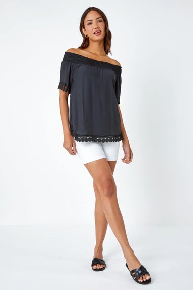 Roman Black Lace Detail Shirred Bardot Top