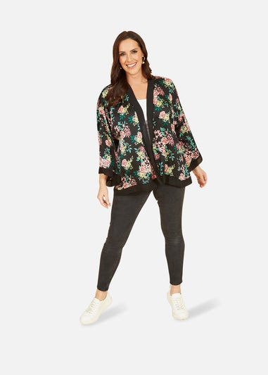 Mela Black Floral Satin Kimono