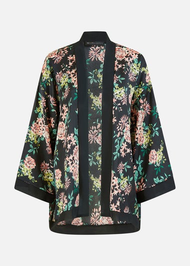 Mela Black Floral Satin Kimono