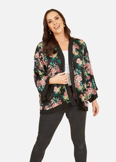 Mela Black Floral Satin Kimono