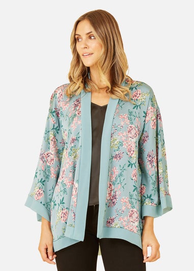 Mela Green Floral Satin Kimono