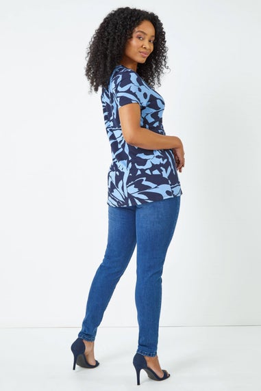 Roman Petite Blue Petite V-Neck Twist Front Abstract Top