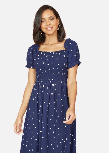 Mela Navy Spot And Floral Print Border Ruched Midi Dress