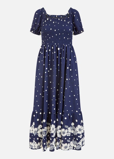 Mela Navy Spot And Floral Print Border Ruched Midi Dress