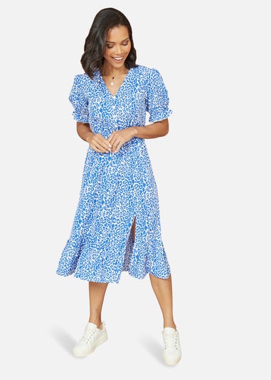 Mela Blue Leopard Print With Puff Sleeves and Split Hem