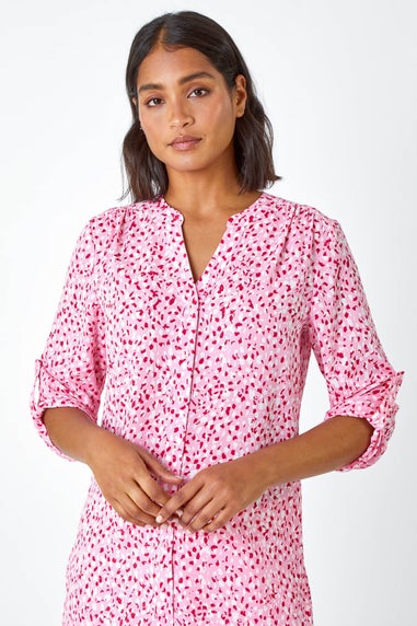 Roman Pink Ditsy Print Button Up V-Neck Blouse