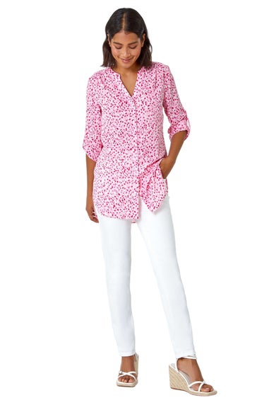 Roman Pink Ditsy Print Button Up V-Neck Blouse