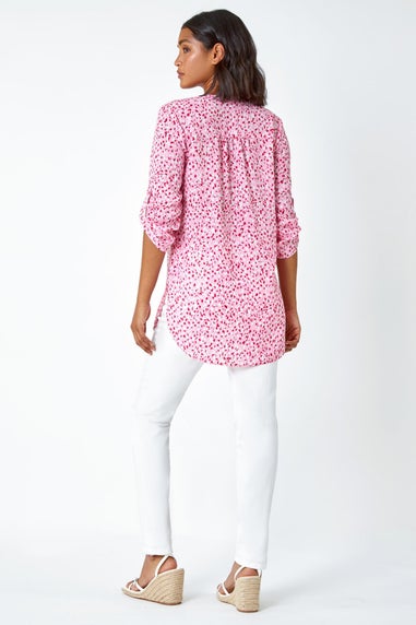 Roman Pink Ditsy Print Button Up V-Neck Blouse