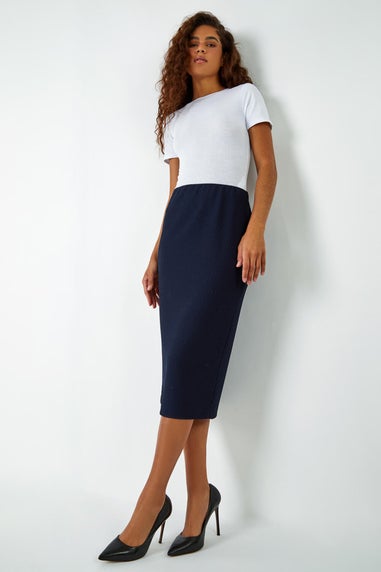 Roman Navy Textured  Elastic Waist Pencil Midi Skirt