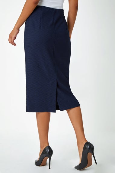 Roman Navy Textured  Elastic Waist Pencil Midi Skirt