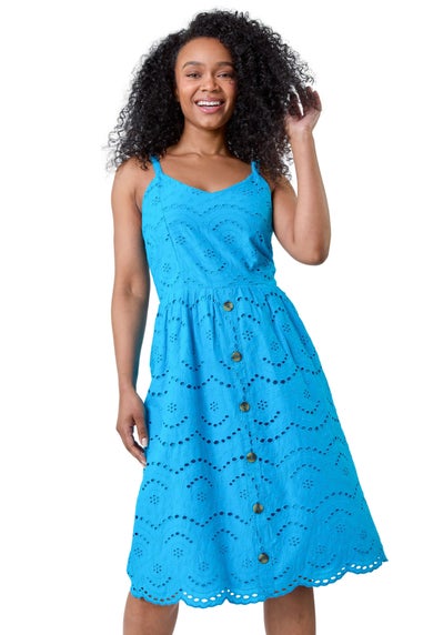 Roman Petite Turquoise Cotton Broderie Button Dress