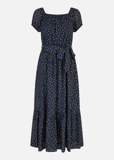 Mela Navy Foil Print Bardot Midi Dress