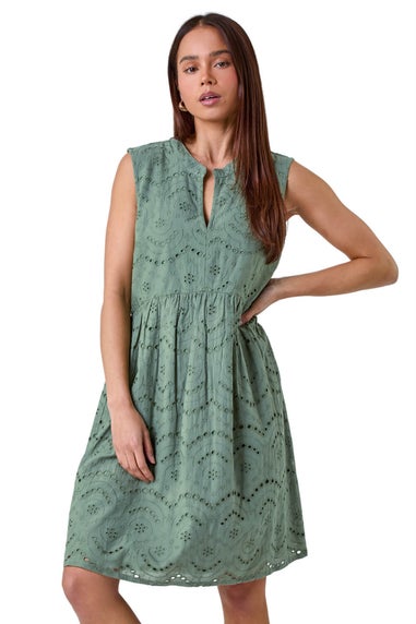 Roman Petite Khaki Broderie Cotton Dress