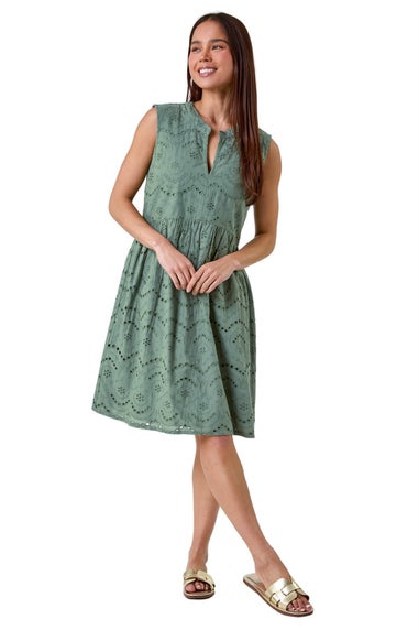 Roman Petite Khaki Broderie Cotton Dress