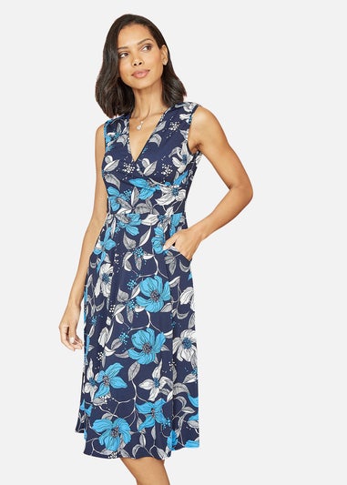 Mela Blue Floral Print Stretch Wrap Over Midi Dress With Pockets