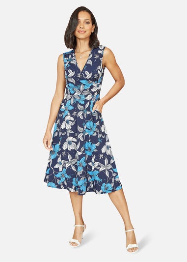 Mela Blue Floral Print Stretch Wrap Over Midi Dress With Pockets