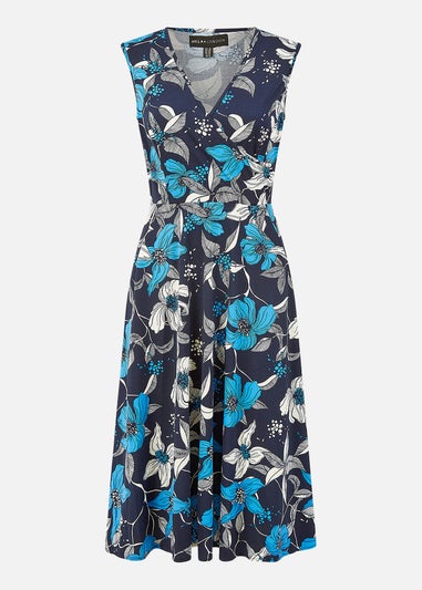 Mela Blue Floral Print Stretch Wrap Over Midi Dress With Pockets