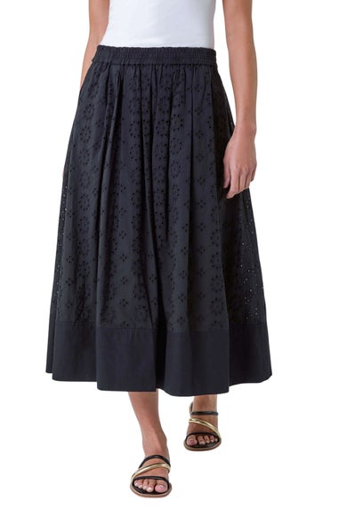 Roman Petite Black Cotton Broderie Midi Skirt