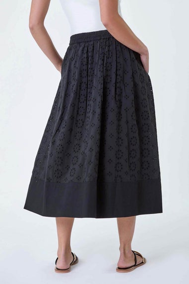 Roman Petite Black Cotton Broderie Midi Skirt