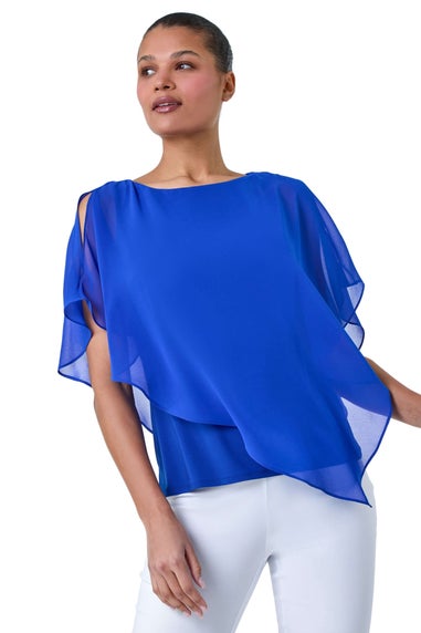 Roman Royal Blue Asymmetric Cold Shoulder Stretch Chiffon Top
