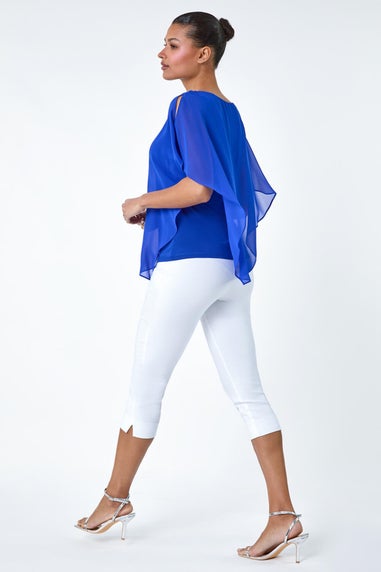 Roman Royal Blue Asymmetric Cold Shoulder Stretch Chiffon Top
