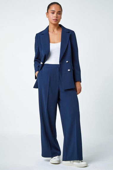 Roman Petite Navy Double Breasted Stretch Blazer