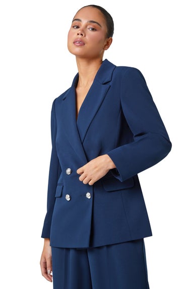 Roman Petite Navy Double Breasted Stretch Blazer