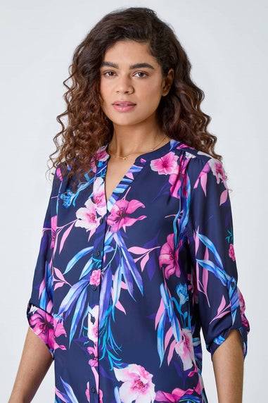 Roman Pink Tropical Print Longline Blouse