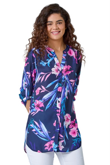 Roman Pink Tropical Print Longline Blouse