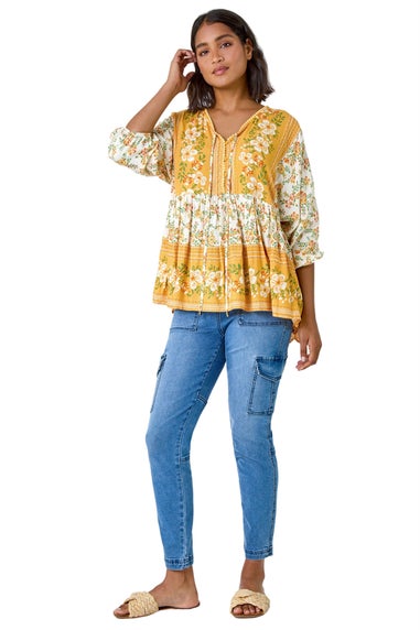 Roman Yellow Floral Border Print V-Neck Overshirt