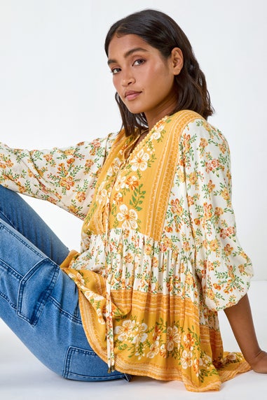 Roman Yellow Floral Border Print V-Neck Overshirt