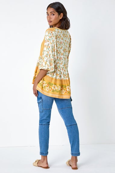 Roman Yellow Floral Border Print V-Neck Overshirt