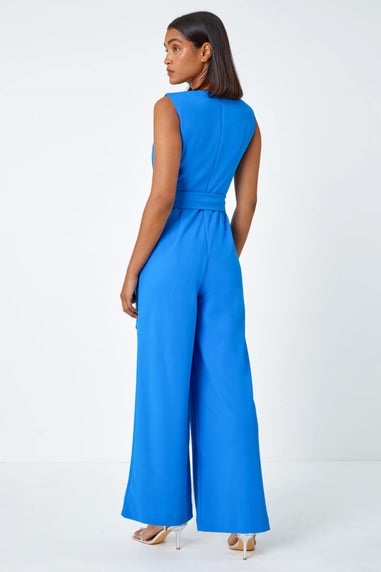 Roman Blue Pleat Detail Wide Leg Stretch Jumpsuit