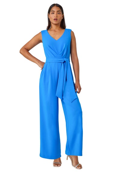 Roman Blue Pleat Detail Wide Leg Stretch Jumpsuit