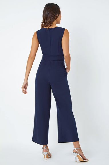 Roman Navy Pleat Detail Wide Leg Stretch Jumpsuit