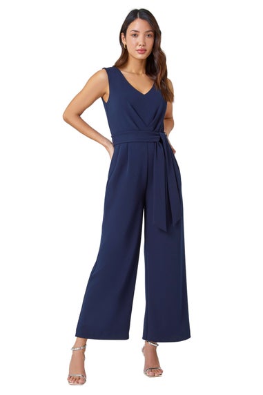 Roman Navy Pleat Detail Wide Leg Stretch Jumpsuit