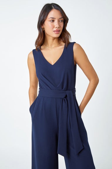 Roman Navy Pleat Detail Wide Leg Stretch Jumpsuit