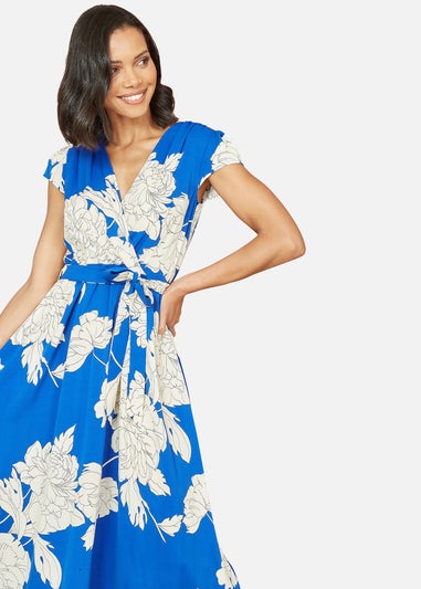 Mela Blue Blossom Print Wrap Midi With Dipped Hem