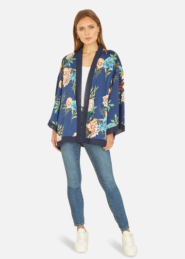 Mela Navy Floral Print Satin Kimono