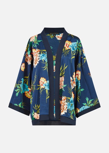 Mela Navy Floral Print Satin Kimono