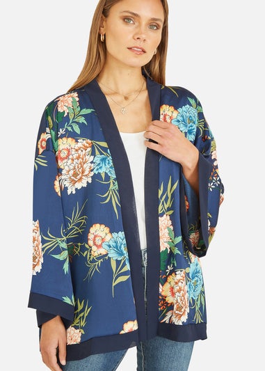 Mela Navy Floral Print Satin Kimono