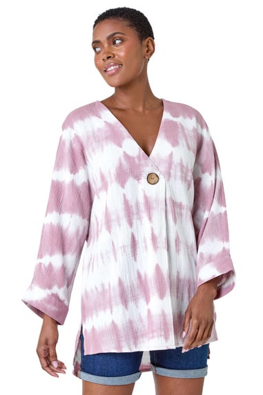 Roman Mauve Cotton Tie Dye Button Detail V-Neck Top