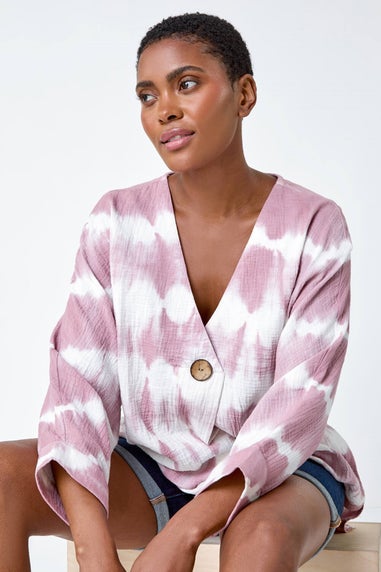 Roman Mauve Cotton Tie Dye Button Detail V-Neck Top