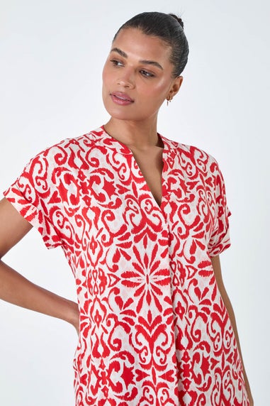 Roman Red Aztec Print V-Neck Pleat Detail Top