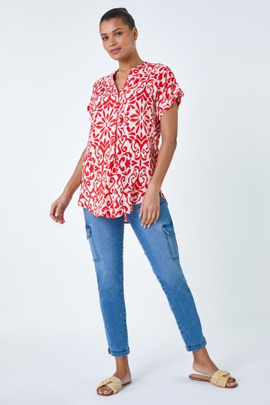 Roman Red Aztec Print V-Neck Pleat Detail Top